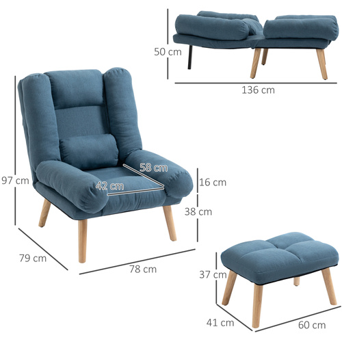 HOMCOM Armchair with Footstool & Ottoman, Accent Chair and Footstool with 3-Position Adjustable Backrest, Blue