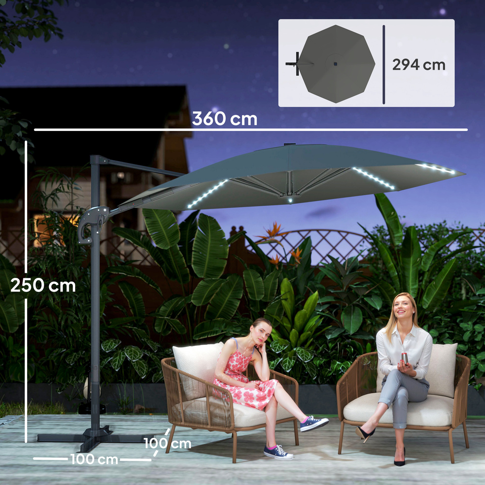 Outsunny 3(m) Cantilever Garden Parasol with Solar Powered Lights, Crank Handle & Cross Base, UPF 50+, 360° Rotation, Dark Grey