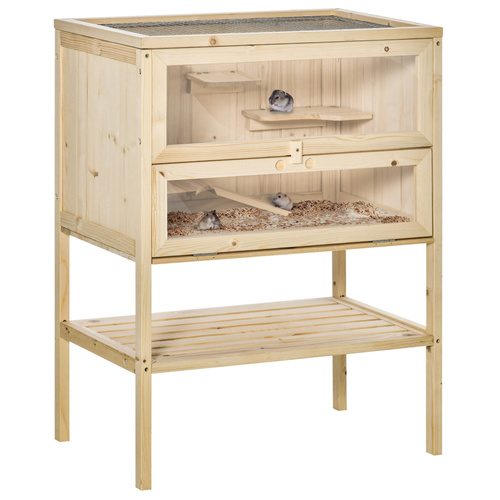 PawHut Wooden Hamster Cage with Storage Shelf, Small Animal Exercise Play House with Openable Top, Ramp for Gerbils, Drawf Hamsters, 60 x 40 x 80 cm - Natural