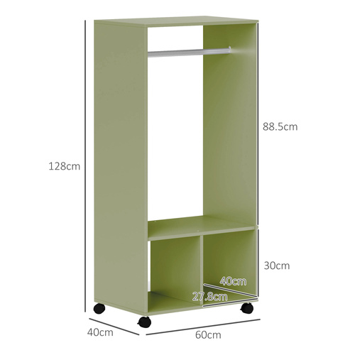 HOMCOM Open Wardrobe on Wheels, Bedroom Wardrobe with Clothes Hanging Rail, 2 Storage Shelves, Mobile Garment Rack for Cloakroom, Hallway, Green