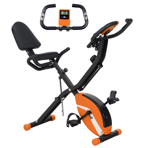 SPORTNOW Five-in-one Foldable Exercise Bike, Stationary Bike with Arm Workout Bands, LDC Monitor, Phone Holder, Orange