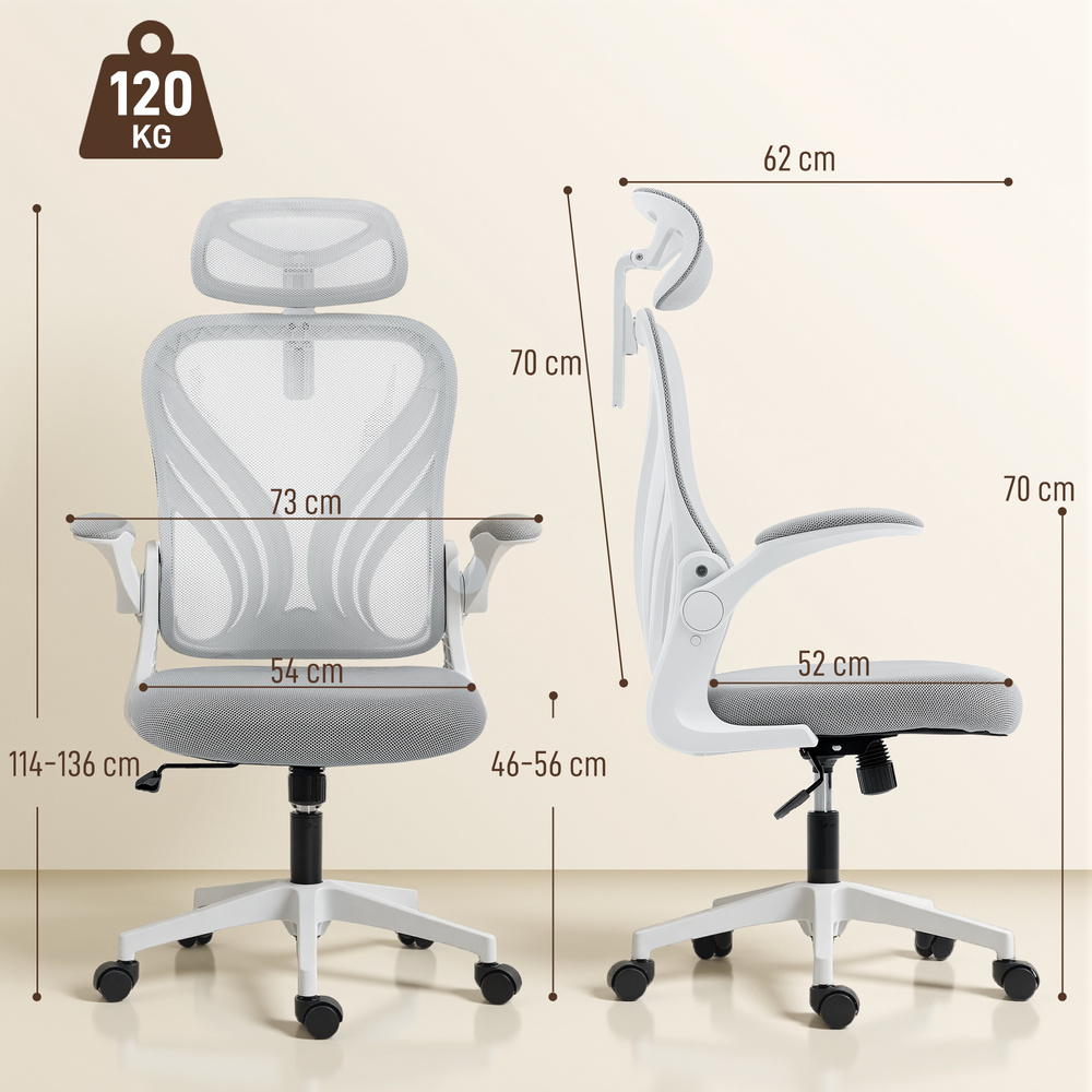 HOMCOM Ergonomic Office Chair with Foldable Backrest, 2D Headrest - Light Grey