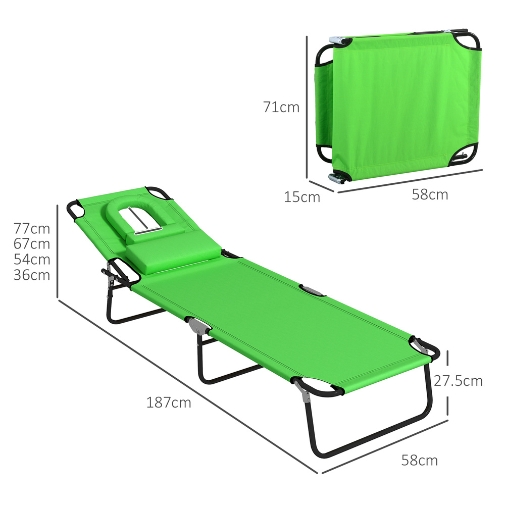 Outsunny Folding Sun Loungers Set of 2 with Face Hole, 4-Position Adjustable Backrest Garden Recliner Chairs Sunbeds, Outdoor Lounge Chairs with 600 D Oxford Cloth Seat, Pillow for Beach, Green
