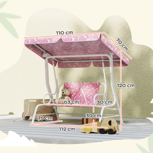 AIYAPLAY Kids Porch Swing, 2-Seater Patio Swing Bench Hammock with Seat Belts, Adjustable Canopy for Garden, Pink