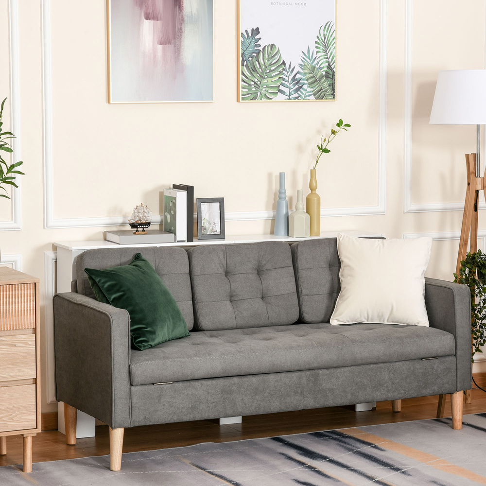 HOMCOM Modern 3 Seater Sofa with Hidden Storage, 169cm Tufted Snow Flannel Couch with Wood Legs, Compact Sofa for Living Room, Grey