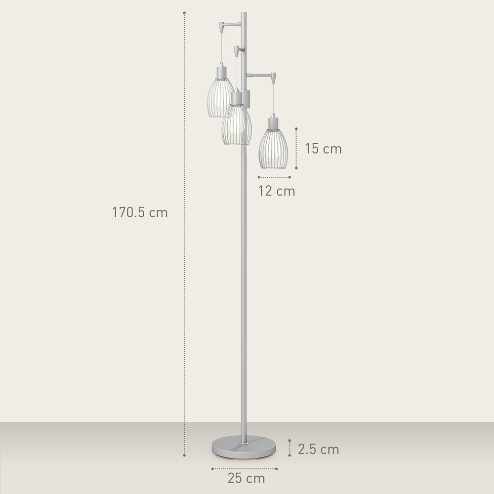 HOMCOM 3-Light Floor Lamp, 170cm Industrial Dimmable Standing Lamp with Steel Wire Cage Lampshades for Living Room, Bedroom, Dining Room, Study, Bulb Not Included, Silver Tone