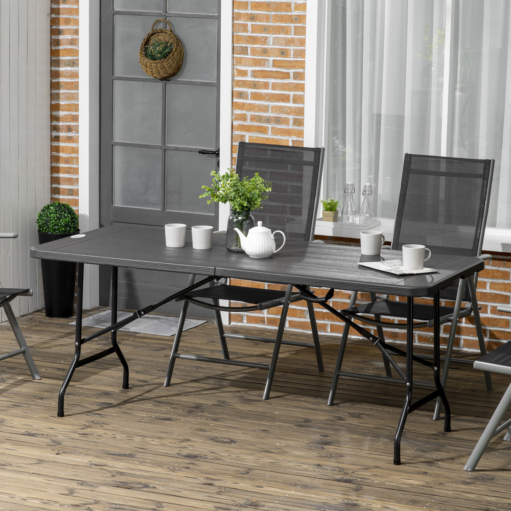 Outsunny Folding Garden Dining Table for 6, Rectangular Outdoor Dining Table with HDPE Tabletop, Foldable Garden Table with Steel Frame for Balcony, Porch, Charcoal Grey