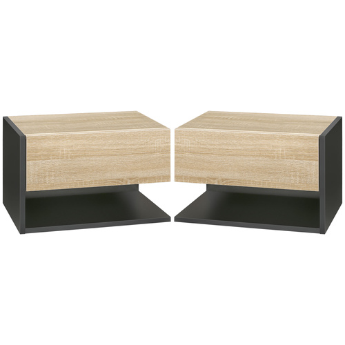 HOMCOM Floating Bedside Table Set of 2, Wall Mounted Bedside Cabinet with Drawer and Open Shelf, Modern Nightstand for Bedroom, 46 x 30 x 30 cm, Oak Tone