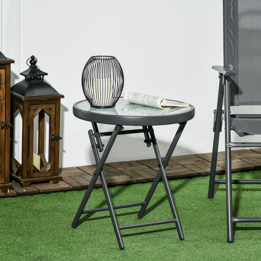 Outsunny Φ45cm Garden Side Table, Outdoor Round Folding Patio Table with Imitation Marble Glass Top, Small Coffee Table, White