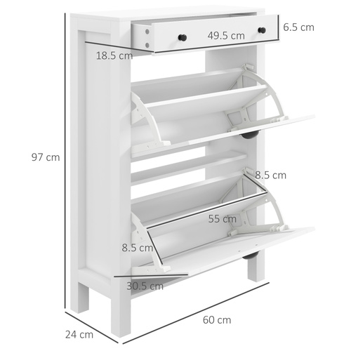 HOMCOM Narrow Shoe Cabinet with 2 Flip Drawers and Adjustable Shelves, White