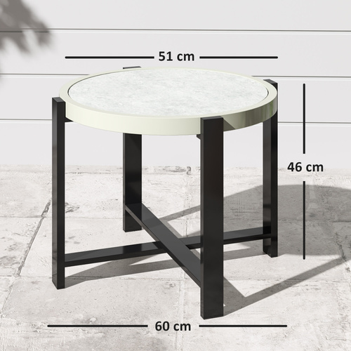 Outsunny Round Small Garden Table, 60cm Outdoor Side Table with Faux Marble Tempered Glass Top, Aluminium Frame for Garden, Patio, Balcony, Light Grey
