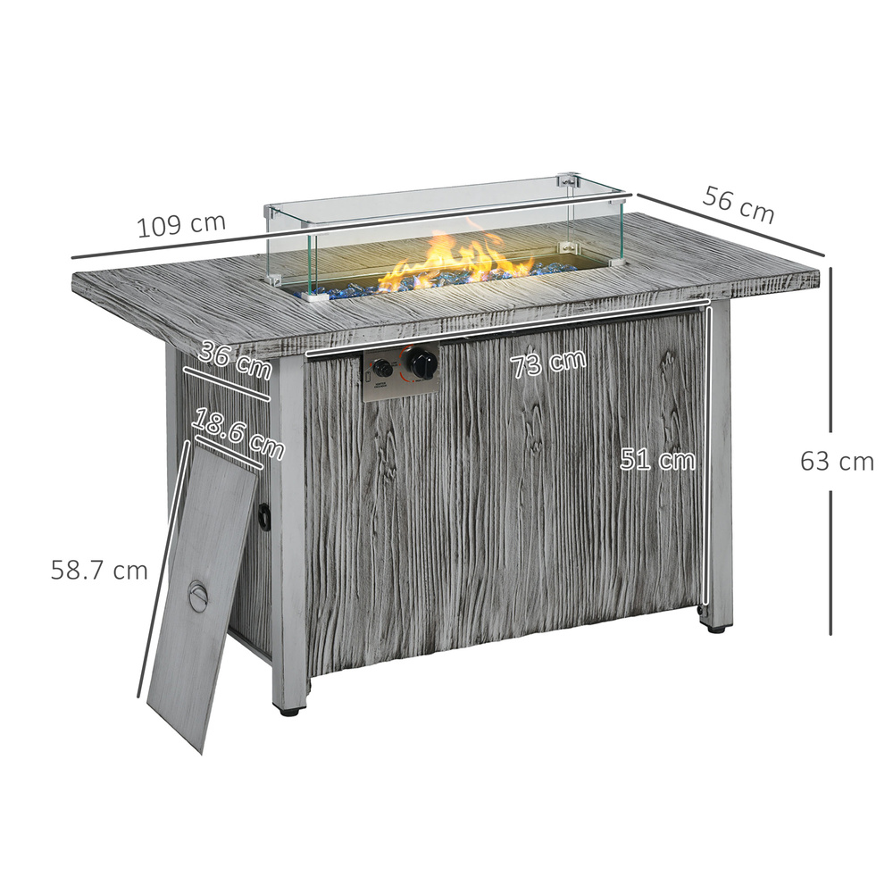Outsunny 50,000 BTU Gas Fire Pit Table with Cover and Glass Screen - Grey