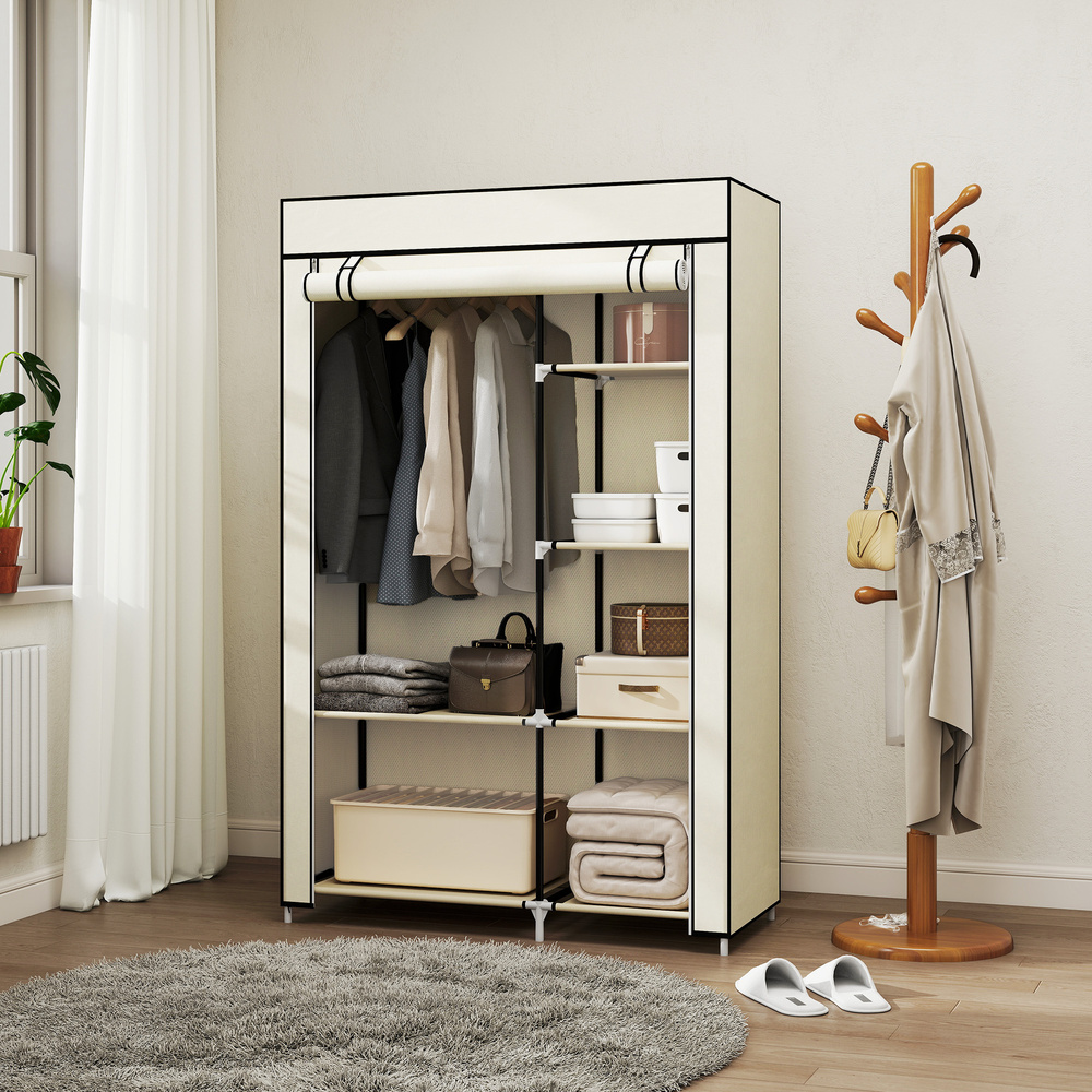 HOMCOM Fabric Wardrobe, Portable Wardrobe with 6 Shelves, 1 Hanging Rail, Foldable Closets, 103 x 43 x 162.5 cm, Cream White