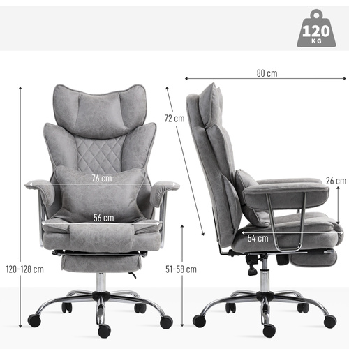 HOMCOM Leathaire Reclining Office Chair with Lumbar Support Pillow - Grey