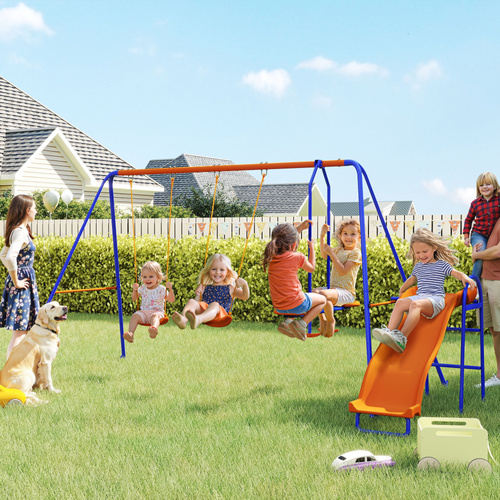 Outsunny Four-In-One Metal Garden Swing Set, with Double Swings, Glider, Slider, Ladder - Orange and Blue