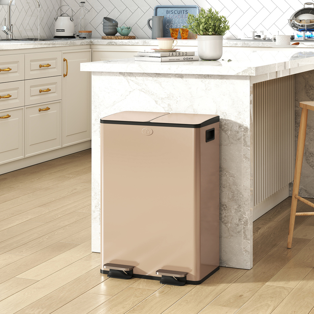 HOMCOM 56L Dual Compartment Stainless Steel Bin, with Deodoriser Holders - Gold Tone