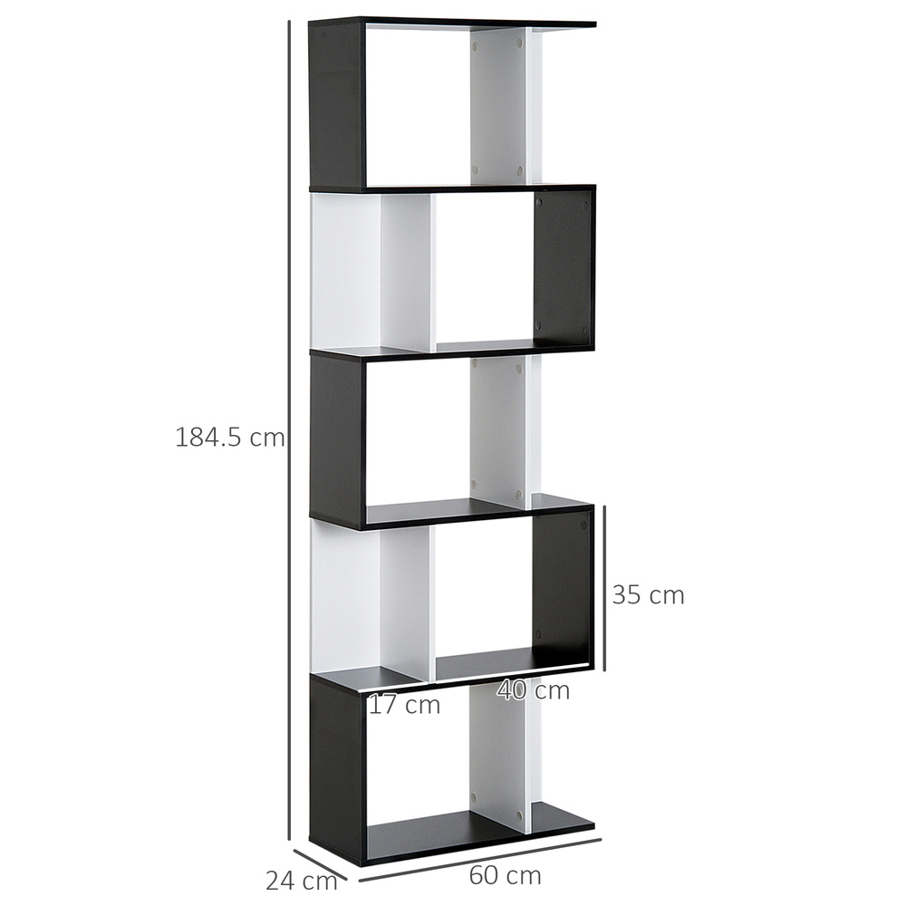 HOMCOM Bookcase, S-Shaped Wooden Bookshelf, 5/6 Tiers Freestanding Storage Shelf, Home Office Decorative Display Stand Rack, Black and White, 24D x 60W x 184.5H