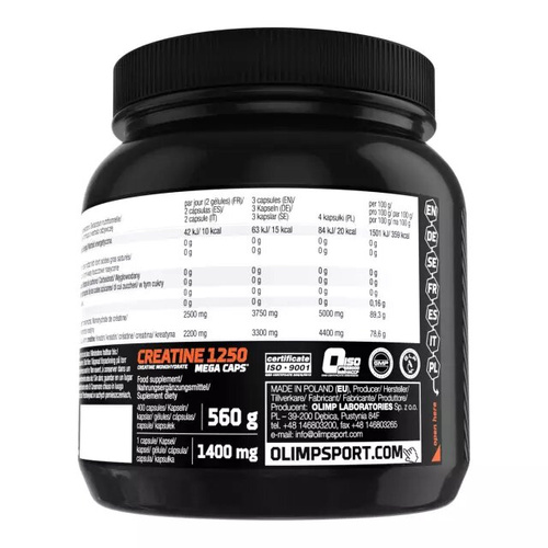 Olimp Creatine 1250 Mega Caps Monohydrat Kreatyny na Siłę 400 Kapsułek