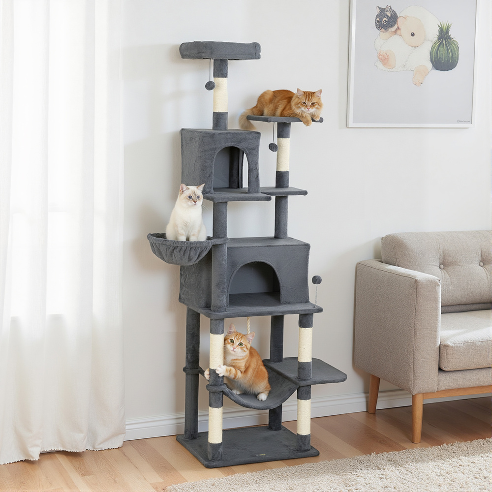 PawHut 202cm Large Cat Tree with 6 Scratching Posts, 2 Hammocks, 2 Condos, 2 Perches, Pompoms, for Indoor Cats to Rest and Play
