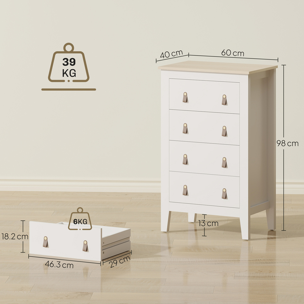 HOMCOM Bedroom Chest of Drawers, Modern 4 Drawer Dresser Cabinet with PU Leather Handles and Metal Runners for Living Room, Hallway, Entryway, 60 x 40 x 98 cm, White