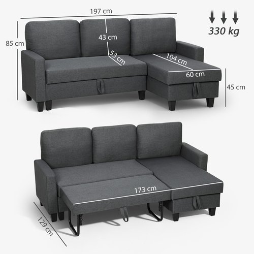 HOMCOM Three-Seater Storage Sofa Bed -  Charcoal Grey