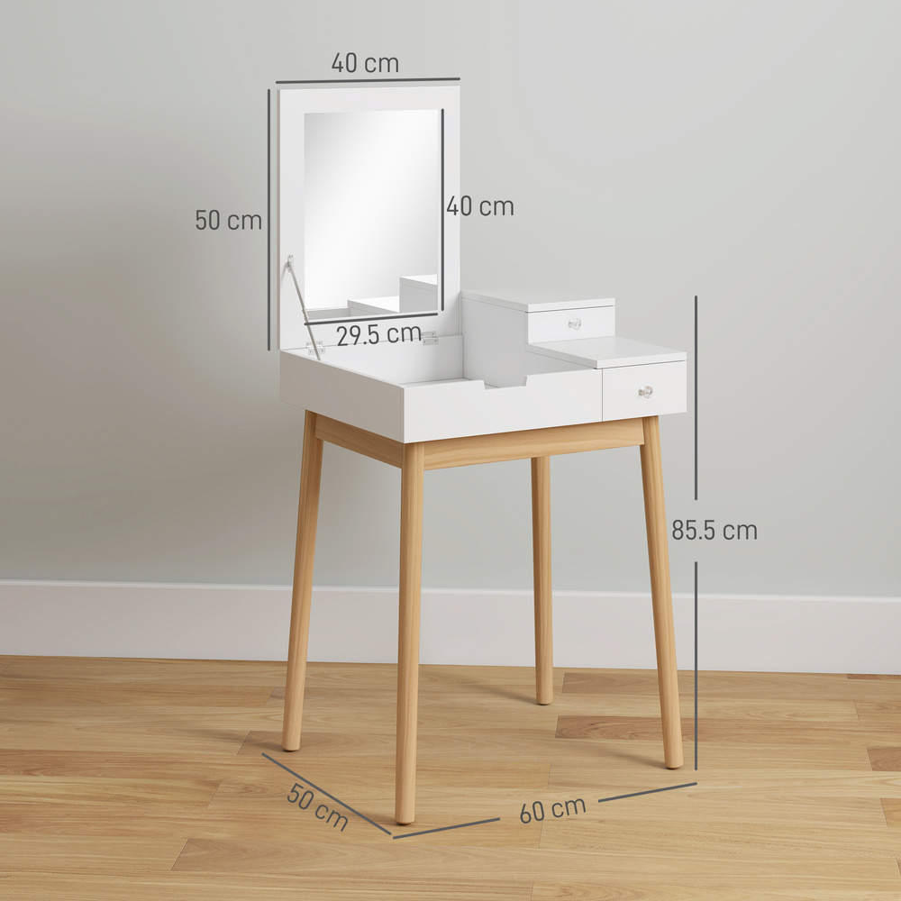 HOMCOM Dressing Table with Flip-up Mirror, Makeup Desk with 2 Drawers and Pine Wood Legs, Vanity Table Writing Desk for Bedroom Living Room, White