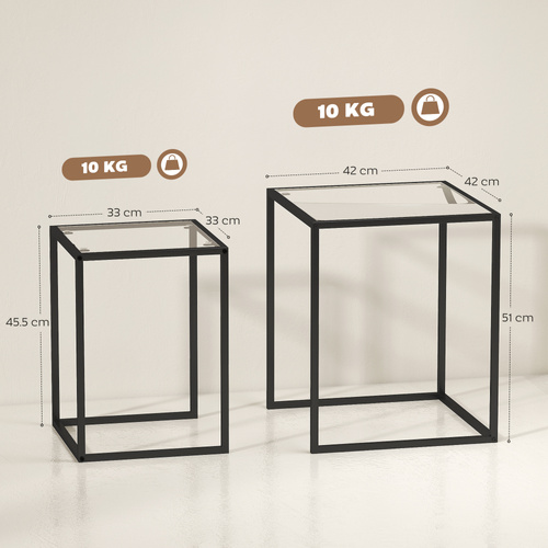 HOMCOM Nesting Tables Set of 2, Side End Table with Tempered Glass Top and Steel Frame for Living Room, Bedroom, Black