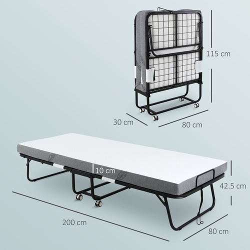 HOMCOM Folding Bed with 10cm Mattress, Portable Foldable Guest Bed with Sturdy Metal Frame on Wheels