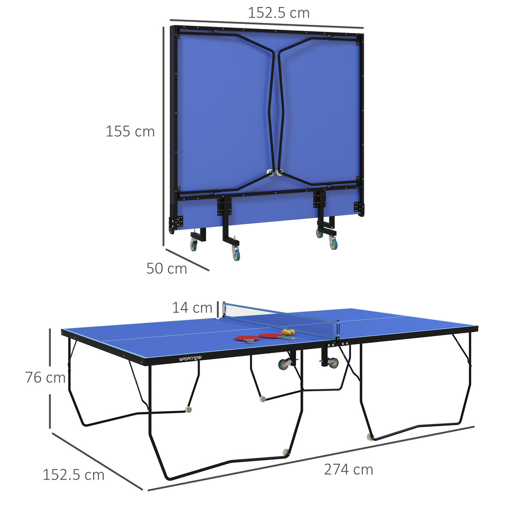SPORTNOW 9FT Folding Tennis Table, with 8 Wheels, for Indoor Use, Blue