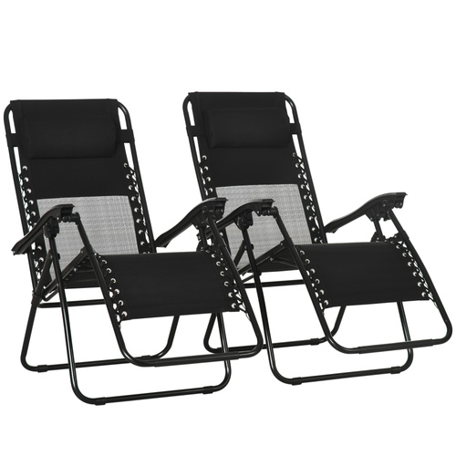 Outsunny Garden Recliner Chairs Set of 2, Outdoor Foldable Zero Gravity Chairs Set w/ Footstool and Detachable Headrest, Black