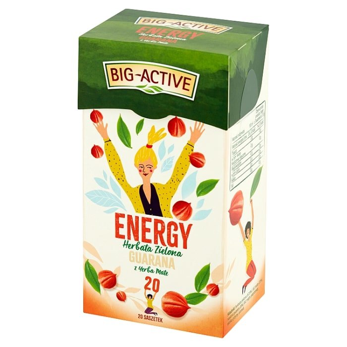 Big-Active Energy Herbata Zielona o Smaku Cytrynowym z Guaraną i Yerba Mate na Wzmacnienie Organizmu 20x1.5g