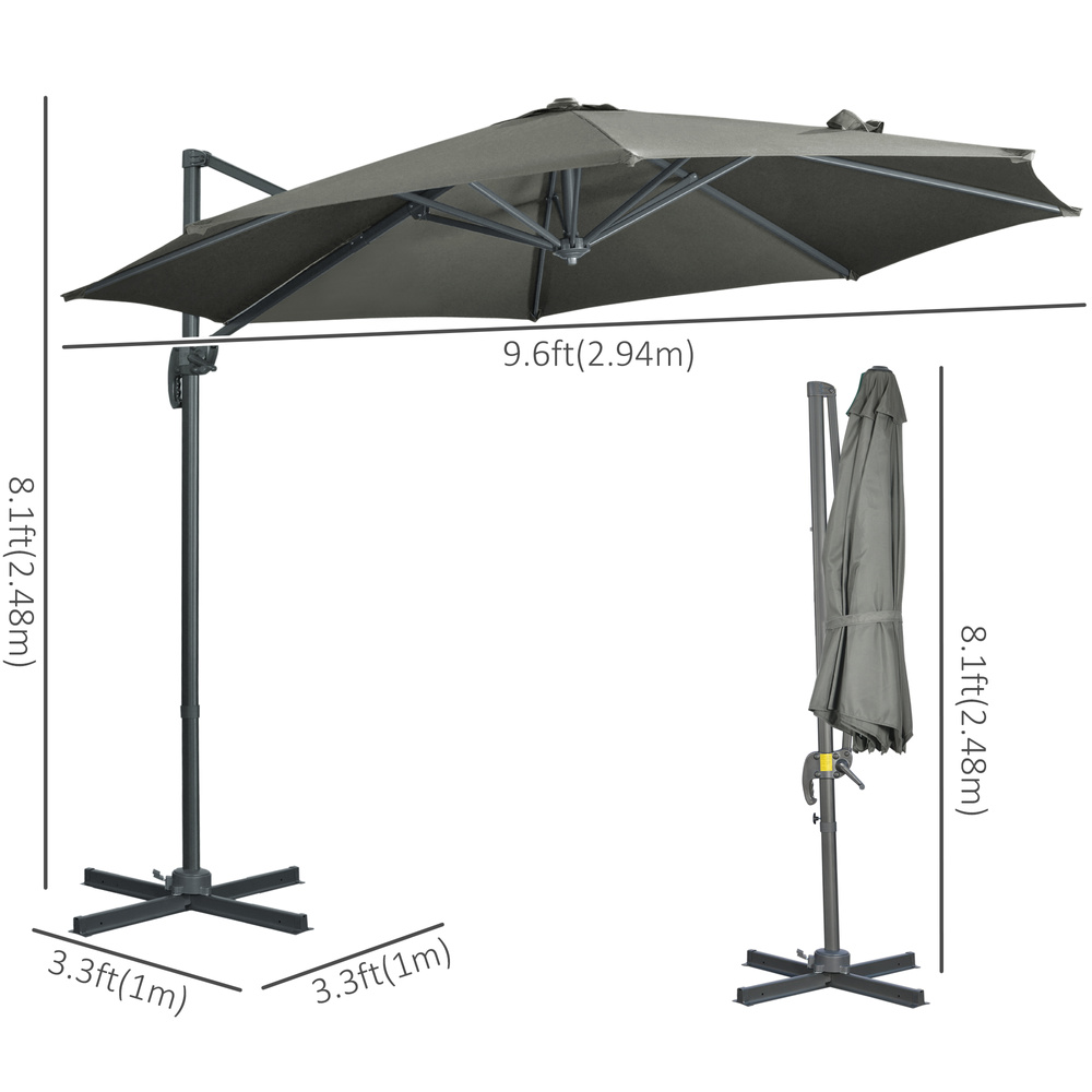 Outsunny 3 x 3(m) Cantilever Parasol with Cross Base, Garden Umbrella with 360° Rotation, Crank Handle and Tilt for Outdoor, Patio, Grey
