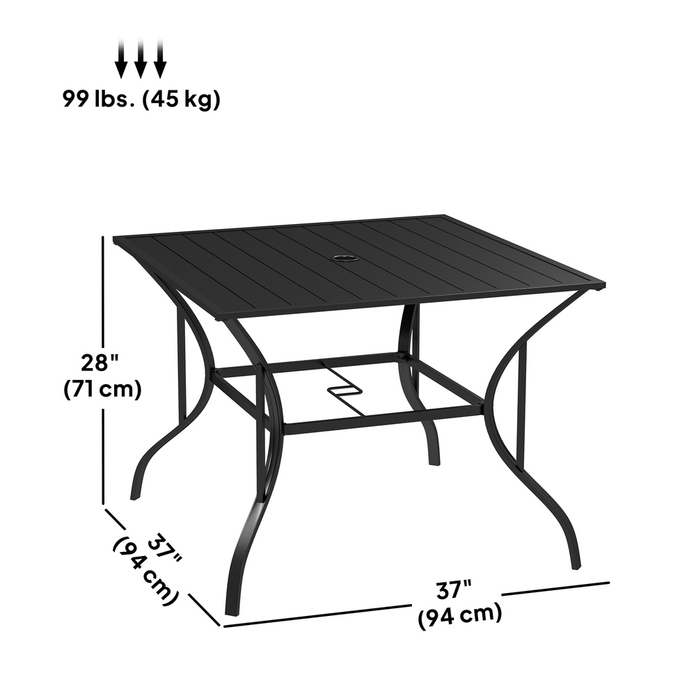 Outsunny 94 x 94 cm Garden Table with Parasol Hole, Outdoor Dining Garden Table for Four with Slatted Metal Plate Top, Black