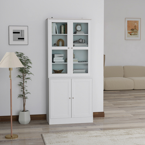 HOMCOM Double Storage Display Cabinet with Adjustable Shelves, MDF - White