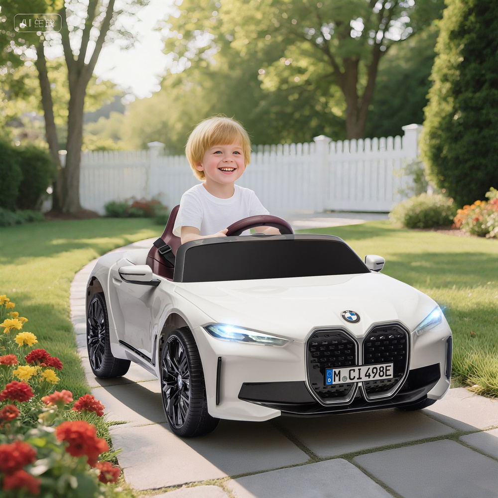 HOMCOM BMW i4 Licensed 12V Kids Electric Ride-On Car, White, Red and Light Blue