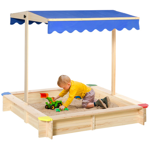 Outsunny Kids Wooden Sand Pit Sandbox Children Square Outdoor Playset Adjustable Canopy Bench Seat 120x120x120cm