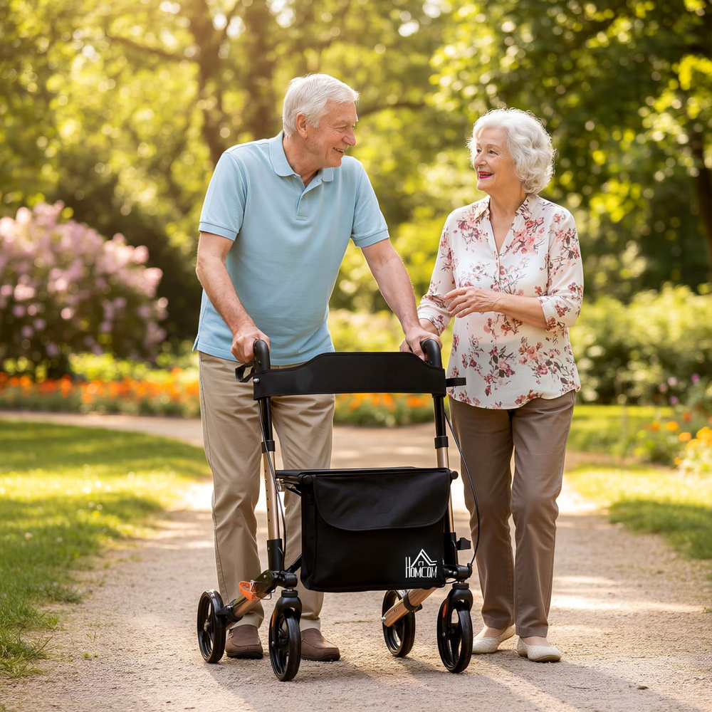 HOMCOM 4 Wheel Rollator with Seat and Back, Folding Mobility Walker with Carry Bag, Adjustable Height, Dual Brakes, Cane Holder, Lightweight Aluminium Walking Frame for Seniors and Disabled, Gold Tone