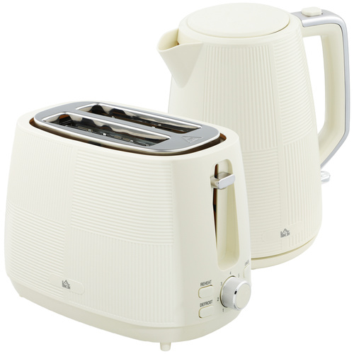 HOMCOM Kettle and Toaster Set, 1.7L 3000W Fast Boil Kettle & 2 Slice Toaster Kitchen Set with 7 Level Browning Controls, Defrost, Reheat, Boil-dry Protection, Cream White