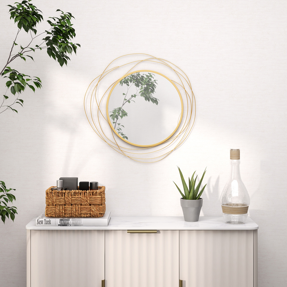 HOMCOM Abstract Metal Wire Wall Mirror, with Accessories - Gold Tone