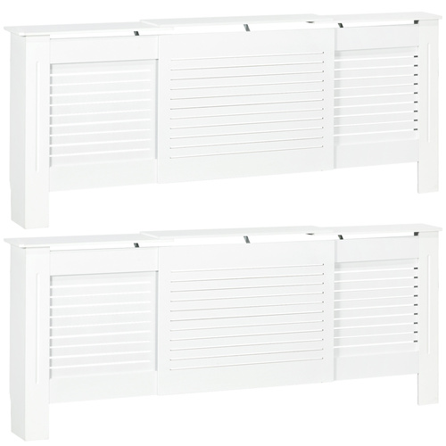 HOMCOM Set of 2 MDF Extendable Radiator Cover with Cabinet Shelving, Home Office Slatted Design, White 139-208.5L x 20.5W x 82.5H cm