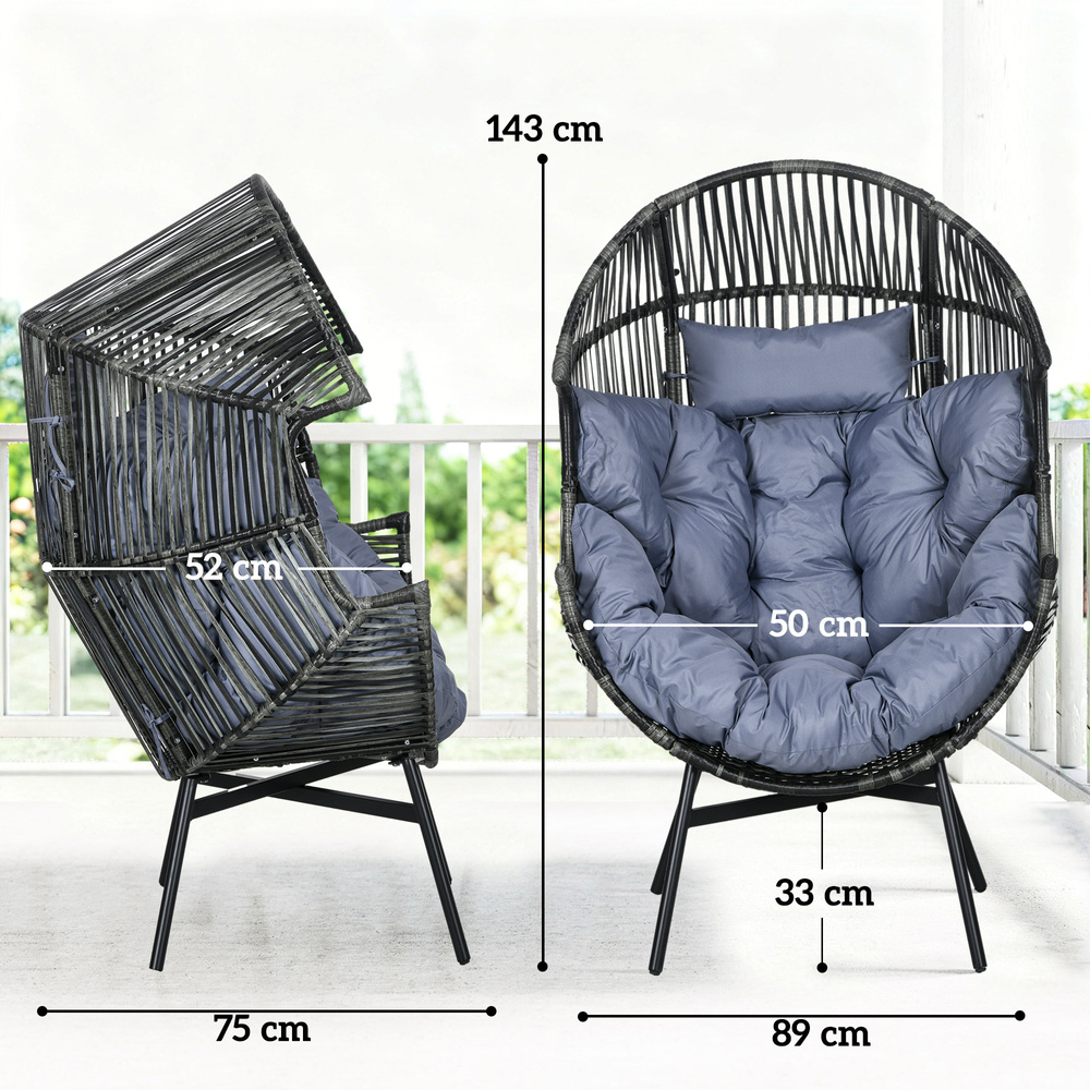 Outsunny String Rattan Egg Chair, with Padded Seat Cushion - Grey/Black
