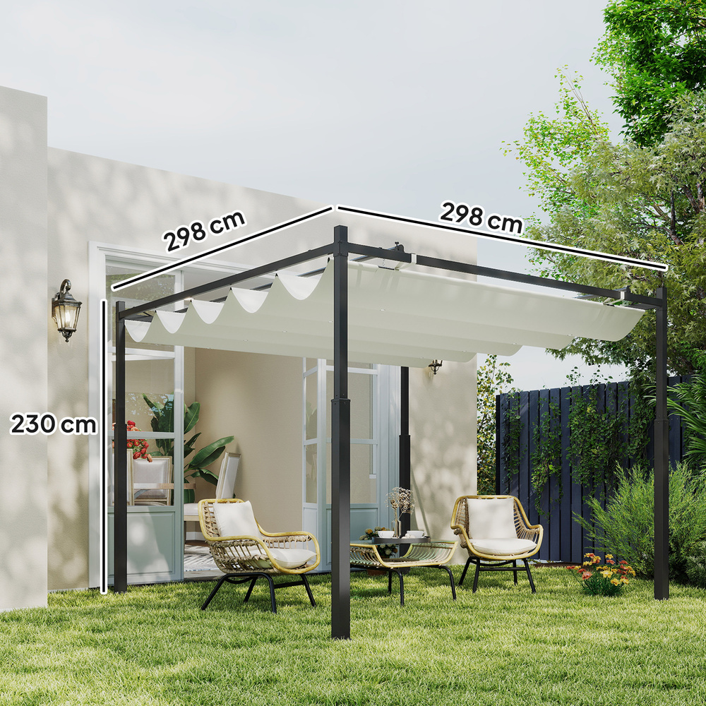 Outsunny 3 x 3(m) Metal Pergola with Retractable Roof and Magnetic Fixture, Outdoor Gazebo Garden Pergola Kit Sun Shade Canopy, UPF30+, 80mm Metal Column, Cream White