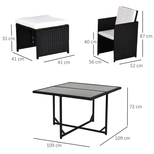 Outsunny 9 Piece Rattan Cube Garden Furniture Dining Set with Armchairs, Footstools and Glass-Top Table, Black