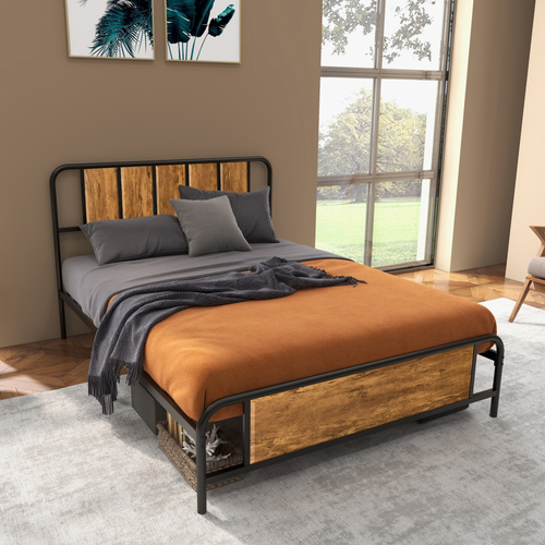 HOMCOM 4.8ft Double Bed Frame with Industrial Wood Headboard, Steel Slat Support and 25.5cm Underbed Storage Space, 145 x 197cm, Rustic Brown
