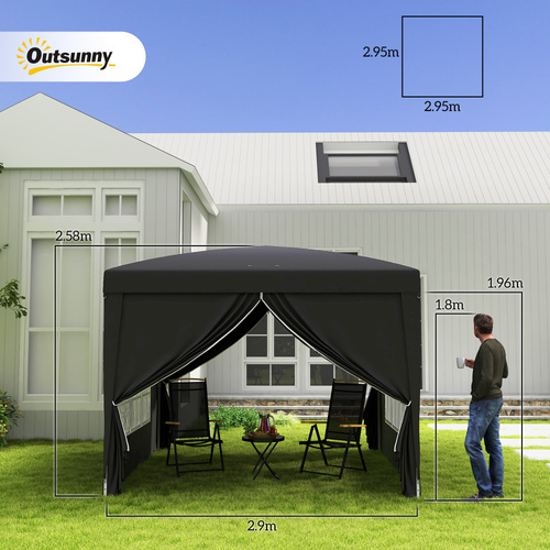 Outsunny 3 x 3 m Garden Pop Up Gazebo, Wedding Party Tent Marquee, Water Resistant Awning Canopy with Sidewalls, Windows, Carry Bag, Black