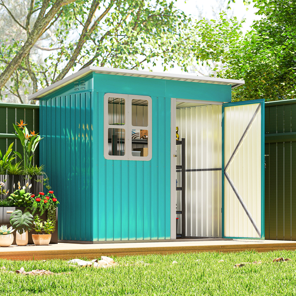 Outsunny 7 x 4ft Galvanised Steel Garden Shed, with Lock, Gloves and Foundation Kit - Green