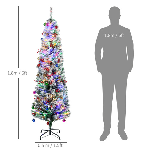 HOMCOM 6' Artificial Prelit Christmas Trees Holiday Décor with Colourful LED Lights, Flocked Tips, Berry, Pine Cone