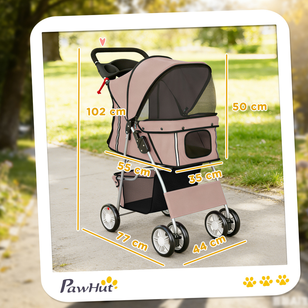 PawHut Dog Pram, Pet Stroller with Reflective Strips, Foldable Cat Stroller with 360° Swivel Wheels, Brown