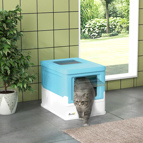 PawHut Hooded Cat Litter Box, Portable Pet Toilet, with Scoop, Front Entry - Light Blue