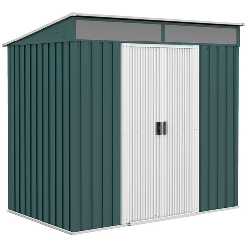 Outsunny 6.5 x 4FT Galvanised Metal Shed with Foundation Kit, Lockable Tool Garden Shed with Double Sliding Doors, Vents, Green